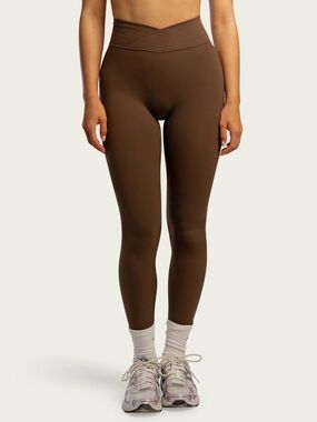 437 Teddy Brown & Cream Cloud High Waisted Blockette It Girl V-Leggings EUC Sz S